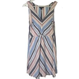 Boho Beachy Bohemian Linen Raw Hem Sleeveless V-neck Stripe Dress W-670 Size S